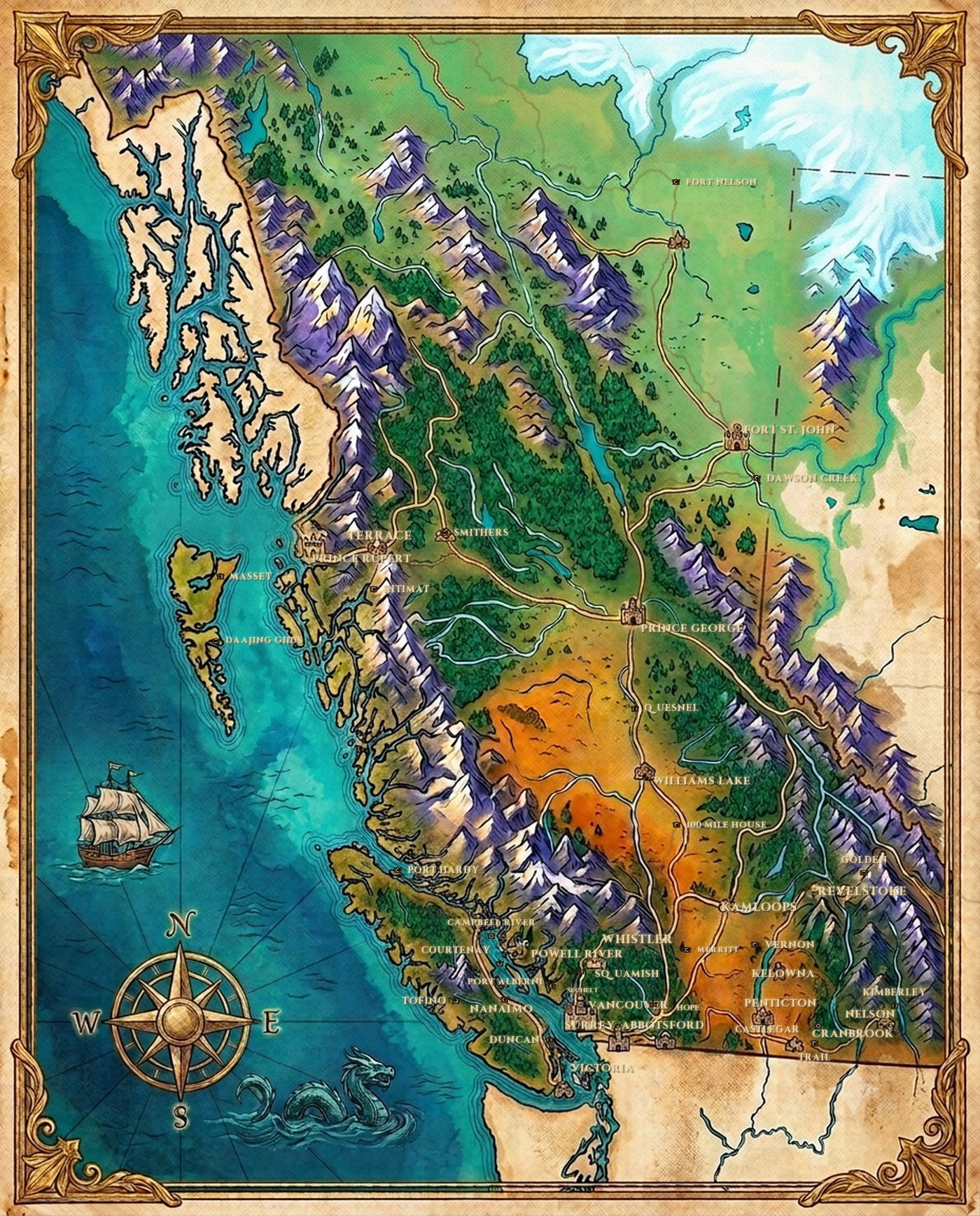 Hand-painted fantasy map of British Columbia showing Vancouver, Victoria, Surrey, Abbotsford, Nanaimo, Duncan, Tofino, Port Alberni, Courtenay, Campbell River, Port Hardy, Powell River, Squamish, Sechelt, Whistler, Hope, Kamloops, Merritt, Kelowna, Vernon, Penticton, Revelstoke, Golden, Nelson, Castlegar, Trail, Cranbrook, Kimberley, Williams Lake, 100 Mile House, Quesnel, Prince George, Prince Rupert, Terrace, Kitimat, Smithers, Daajing Giids, Masset, Fort St. John, Dawson Creek and Fort Nelson in their true geographic positions
